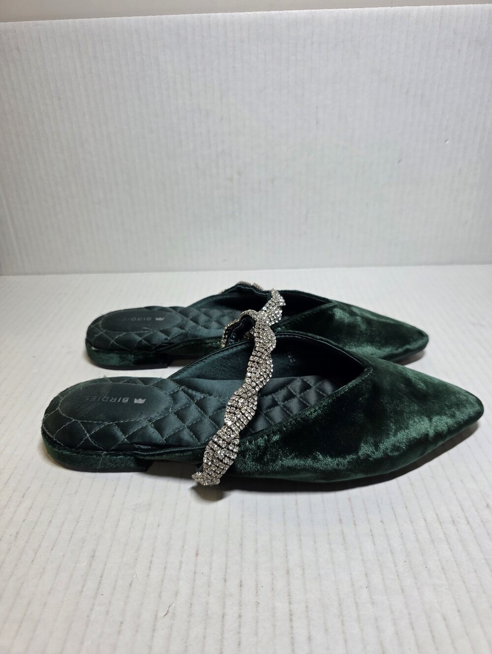 Birdies The Swan Mule Women 5.5 Green Velvet Crystal Embellished Pointed